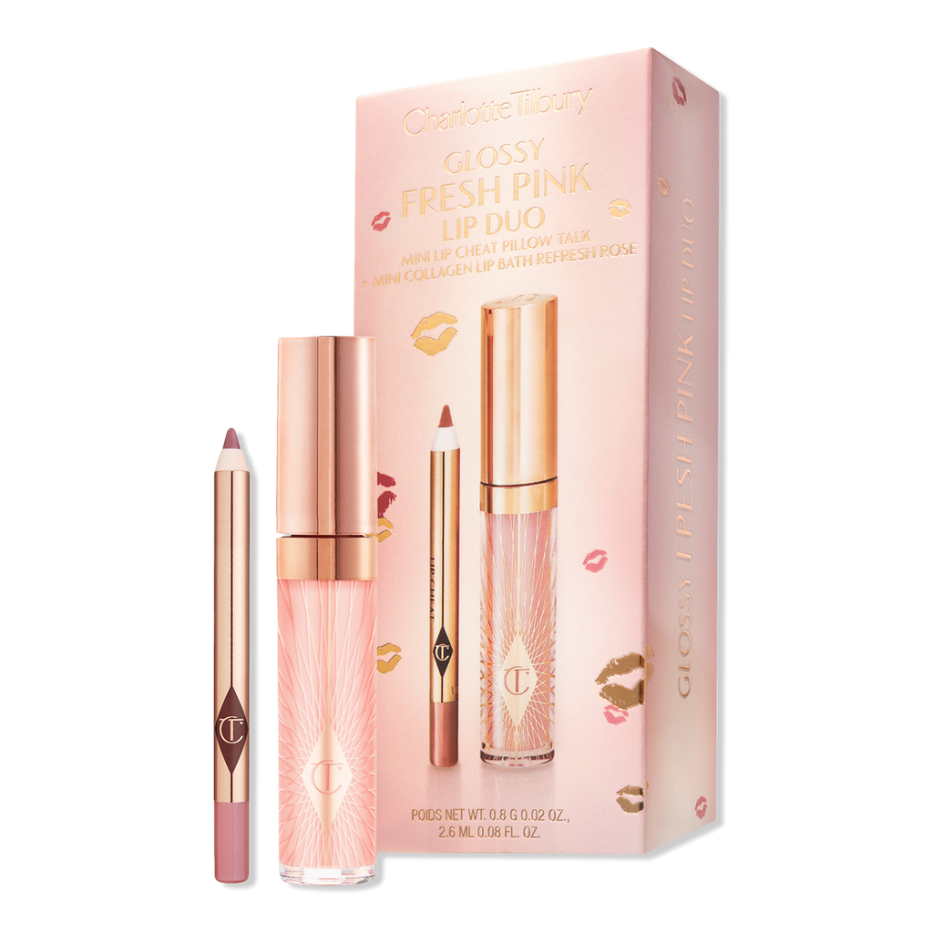Charlotte Tilbury Glossy Fresh Pink Lip Duo box with Mini Lip Cheat Pillow Talk and Mini Collagen Lip Bath Refresh Rose