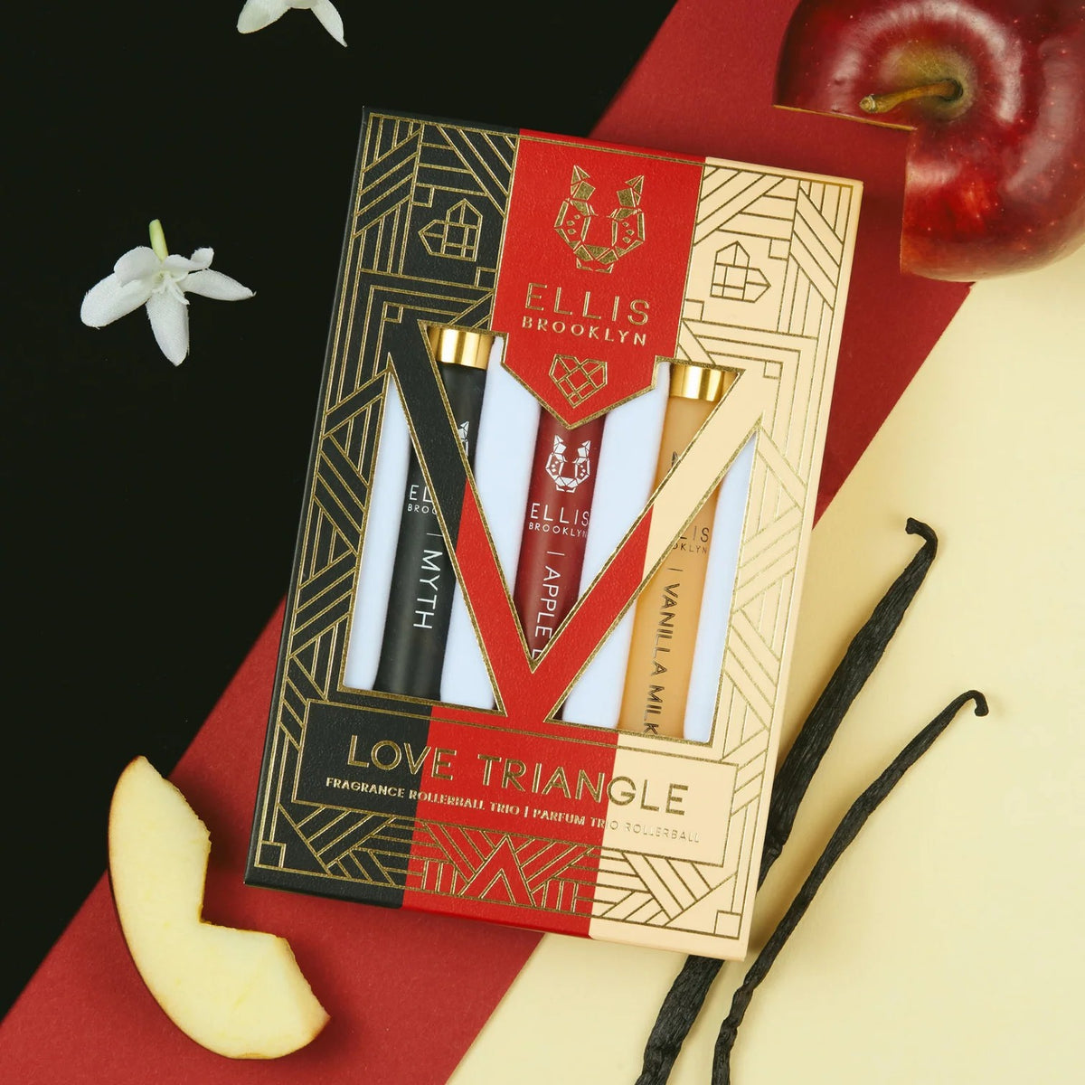 ELLIS BROOKLYN Love Triangle Fragrance Rollerball Trio - gift box with Myth, Apple Love and Vanilla Milk rollerballs