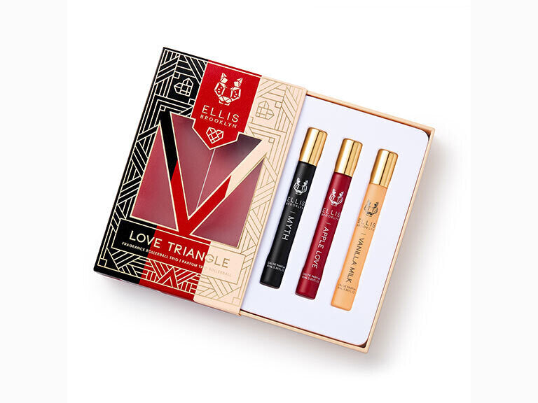 ELLIS BROOKLYN Love Triangle Fragrance Rollerball Trio - open box with the three rollerballs