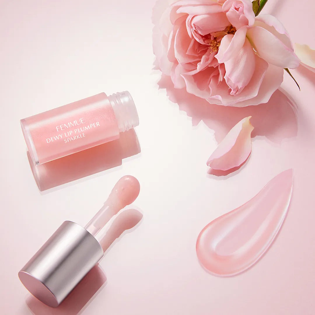 FEMMUE Dewy Lip Plumper - Sparkle Peony applicator and swatch