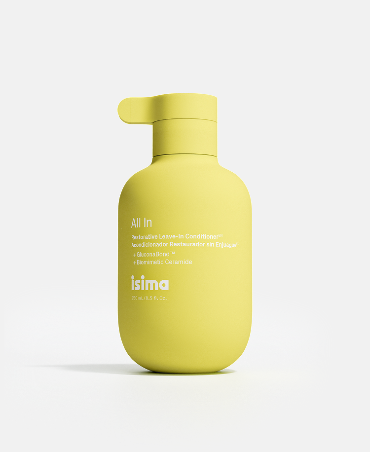 isima All In Restorative Leave-In Conditioner 250 mL yellow bottle