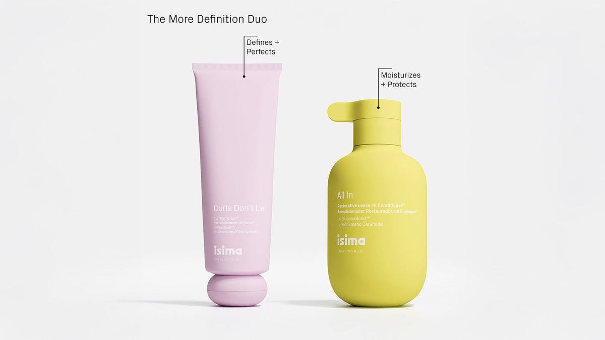 isima All In Restorative Leave-In Conditioner yellow bottle with Curls Don't Lie
