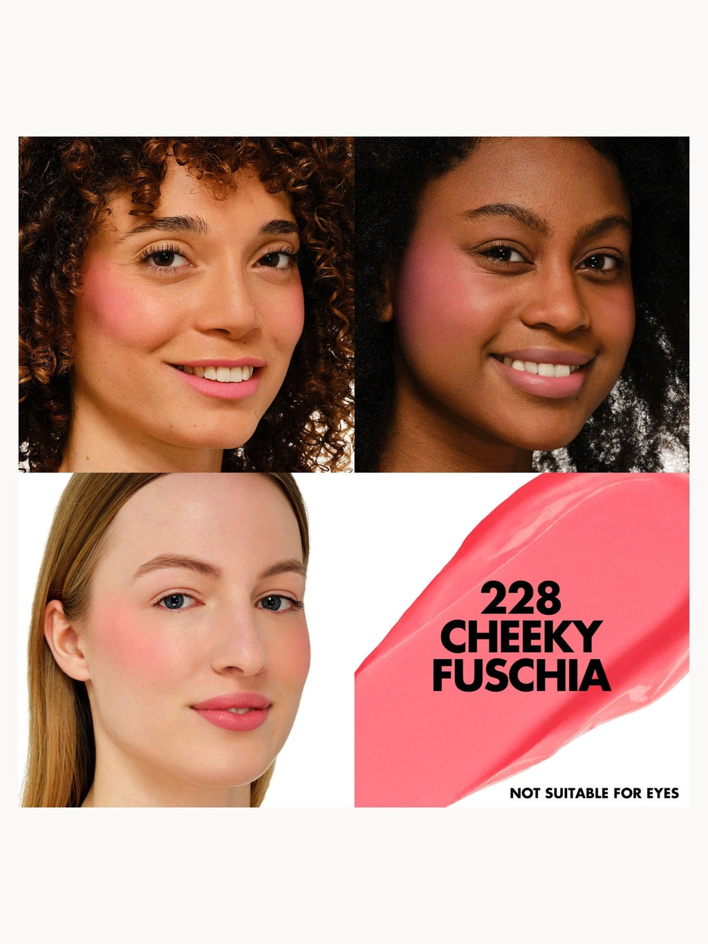 MAKE UP FOR EVER Artist Color Crayon shade 228 Cheeky Fuchsia worn on three skin tones