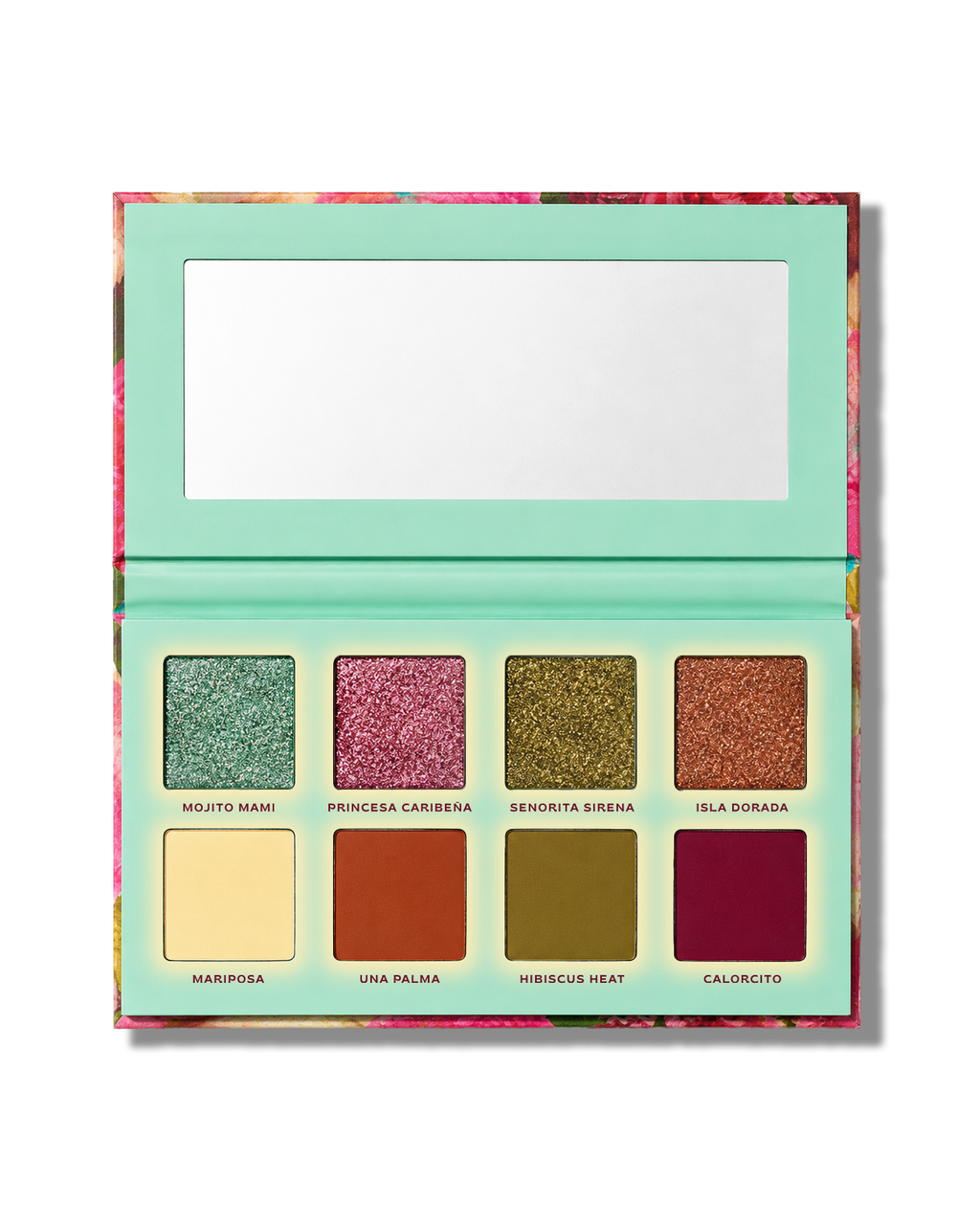 ALAMAR COSMETICS Princesa Del Caribe Pressed Pigment Palette open flat lay with mirror