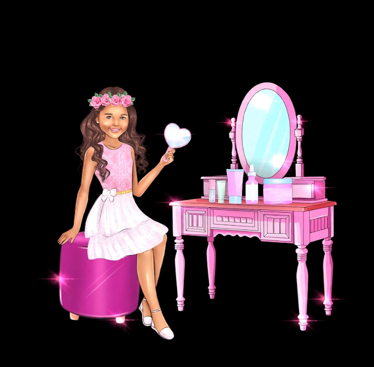 Sofía en su mesita, fondo negro - Sophia Beauty Room